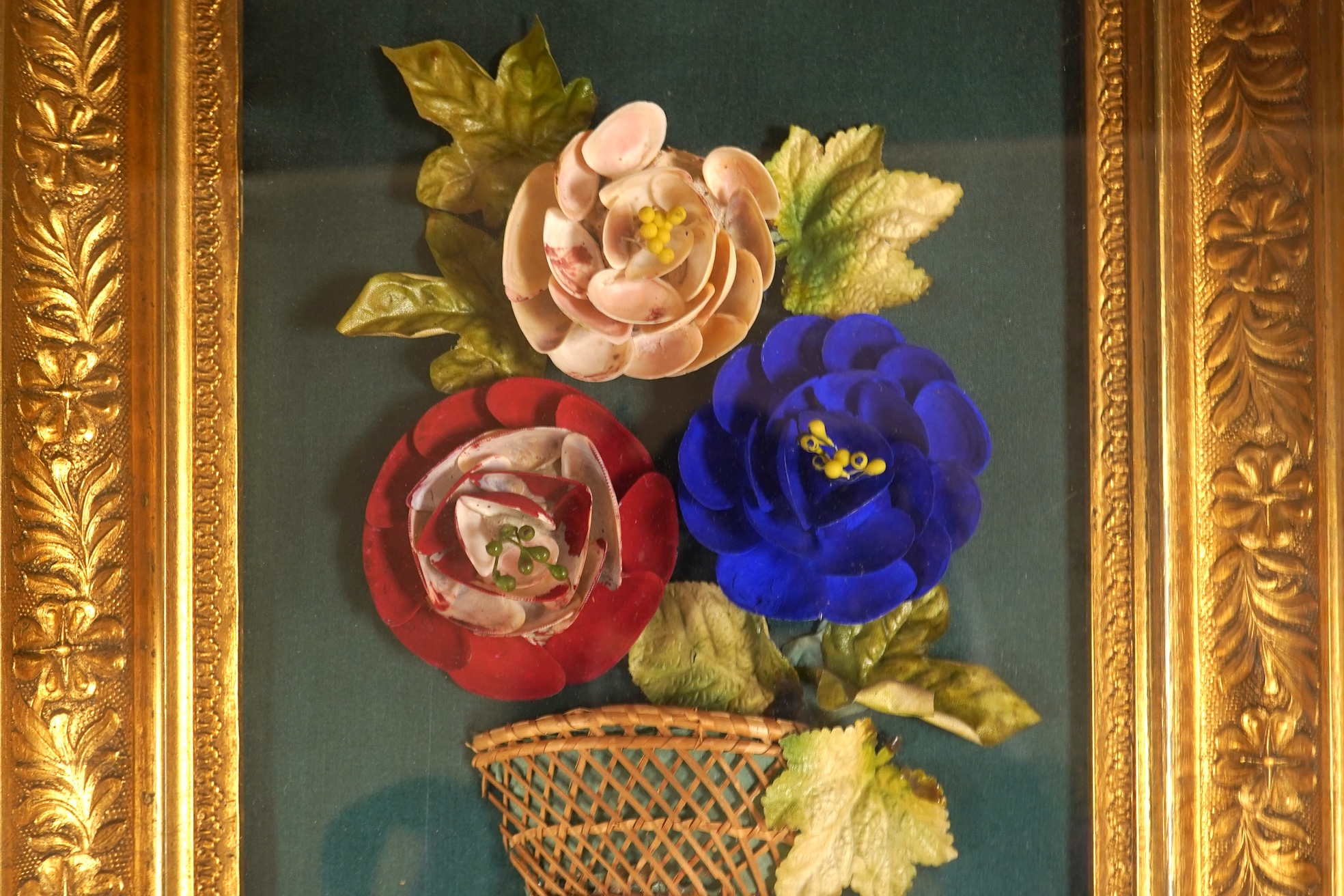 Two Victorian appliqué work floral pictures, in gilt and wood frames, one disassembled, overall 38 x 33cm